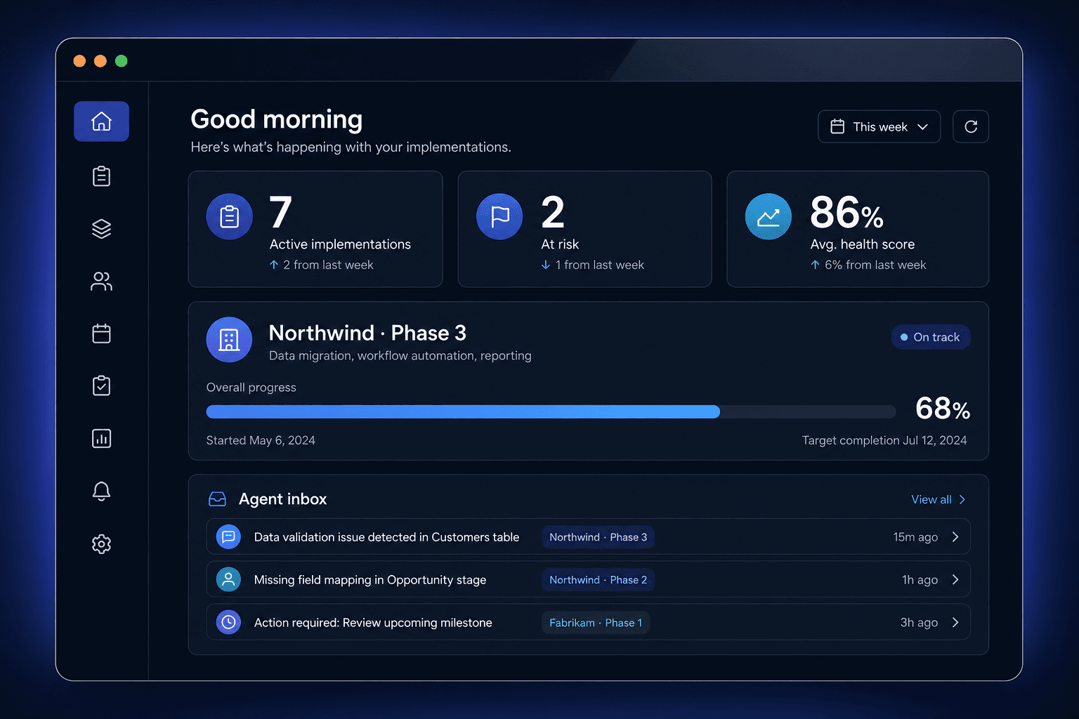 Implementation Pro dashboard showing engagements, health signals, and agent inbox